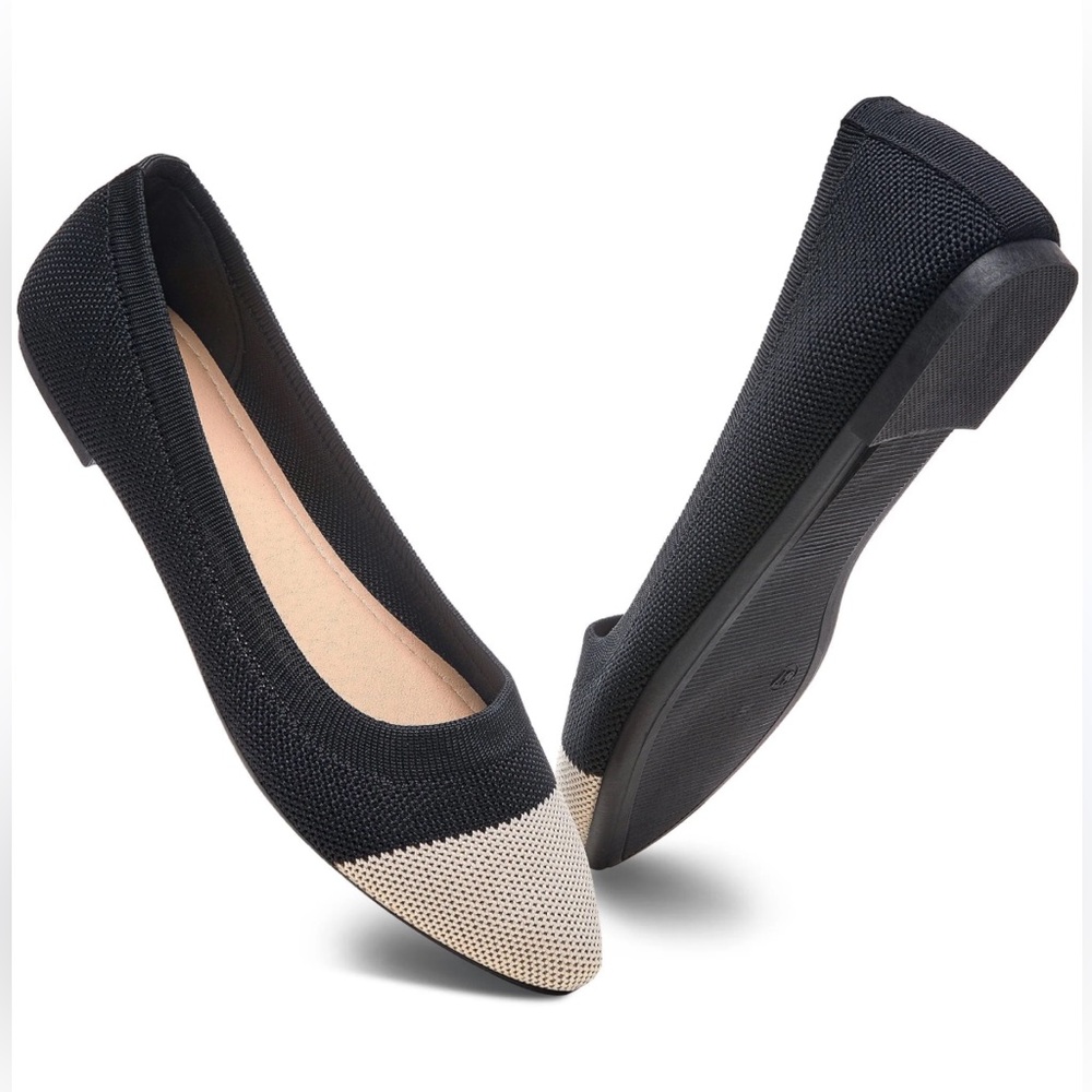 Women’s Black Cream Woven Lightweight Slip On Pointy Toe Ballet Flats Sz 11 NWOT